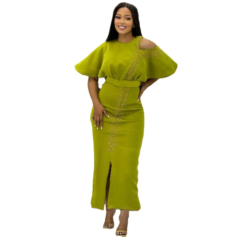 Amazon european and american women's clothing solid color casual fashion african cross-border ruffle sleeve slim fit slit maxi dress