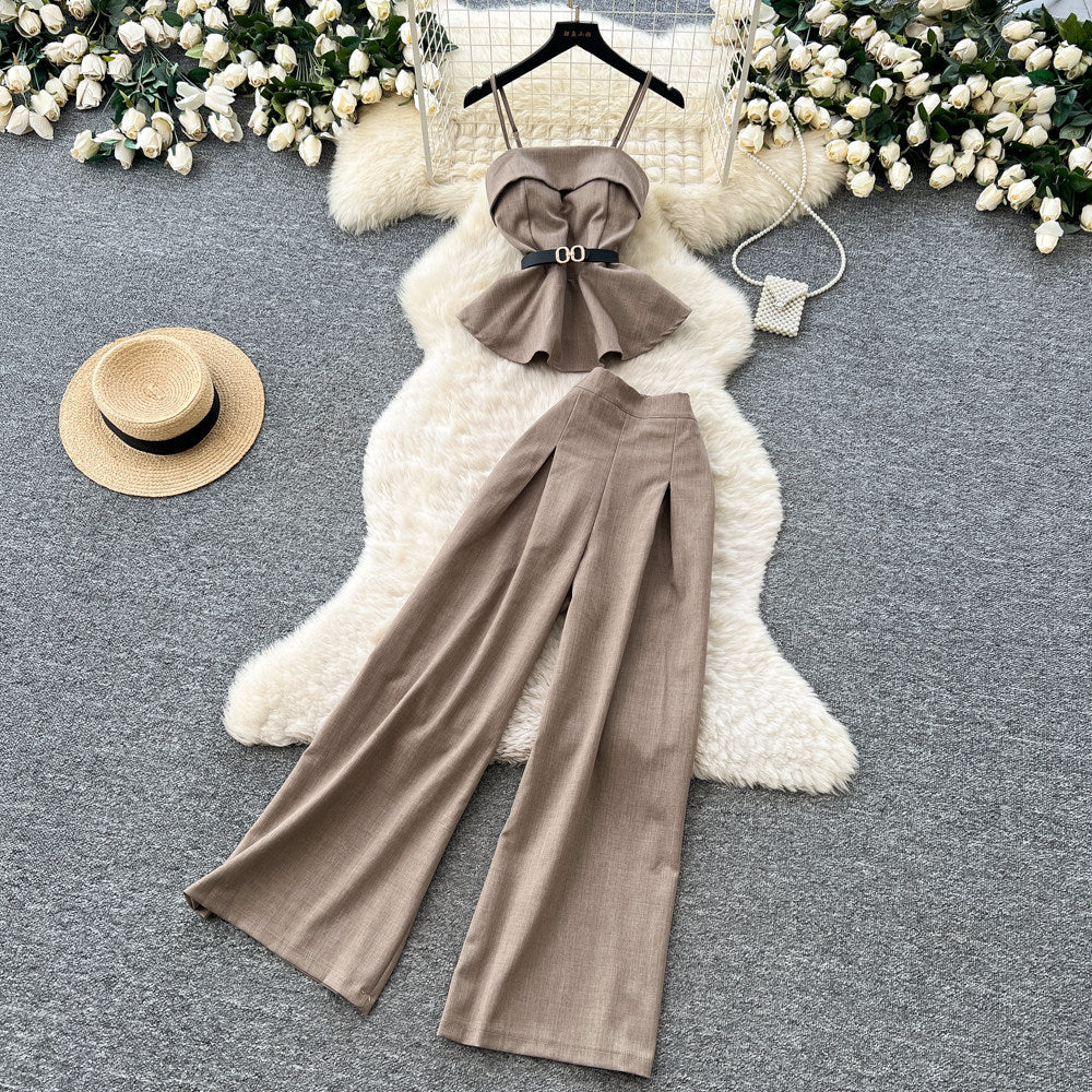 Minimalist style commuter set for women - spring/summer premium camisole & waist-cinching vest with high-waisted wide-leg pants (two-piece set)