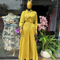 European and american cross-border women's fashion:  spring new collection - stylish tie-waist long sleeve blouse and high-waisted pleated wide-leg pants set