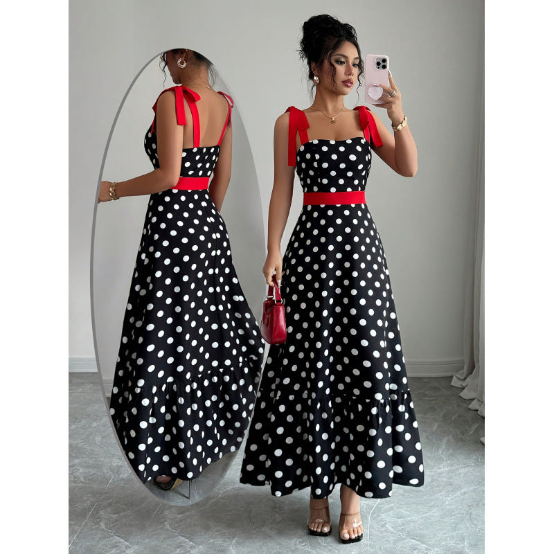 Women's french chic polka dot color block patchwork a-line maxi slip dress
