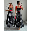 Women's french chic polka dot color block patchwork a-line maxi slip dress