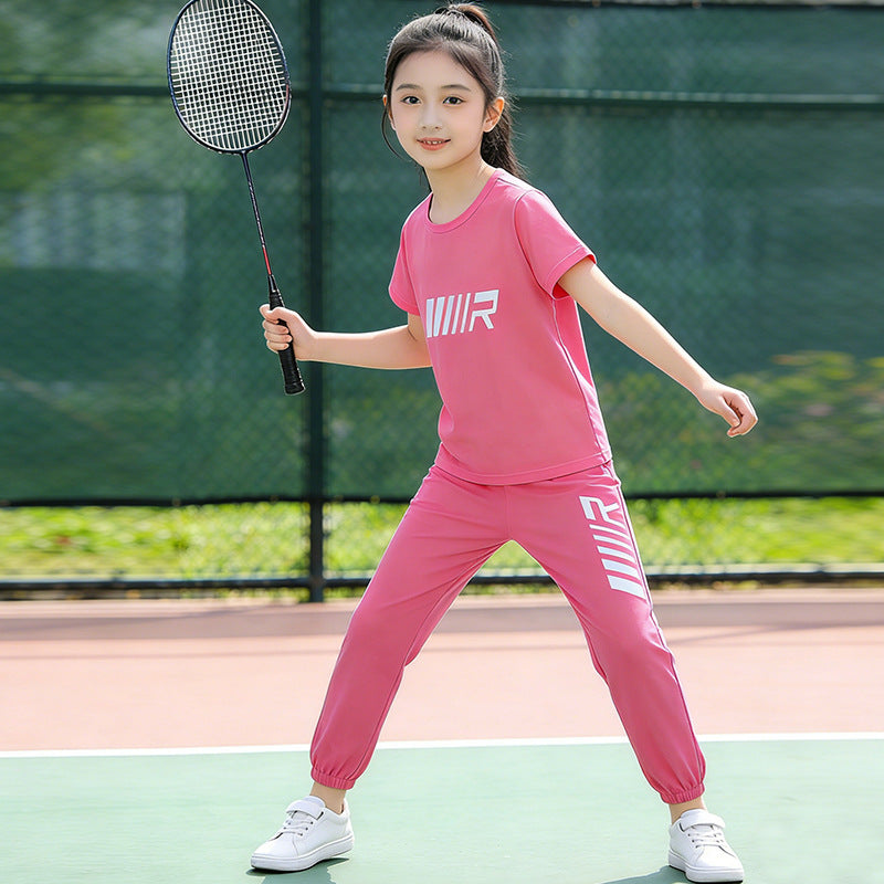 Girls' summer new arrival: kids' round neck short sleeve  versatile fashion girl's tracksuit set - summer outfit