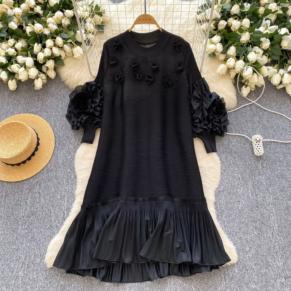 Miya pleated socialite style high-end dress - women's spring pleated 3d floral loose design elegant maxi dress