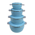Food warmer four-piece set: insulated lunch box with plastic shell, stainless steel interior, and food warmer bucket
