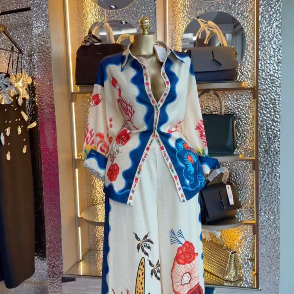 European and american cross-border women's fashion:  summer new collection - stylish turn-down collar printed long-sleeve shirt and wide-leg pants casual set