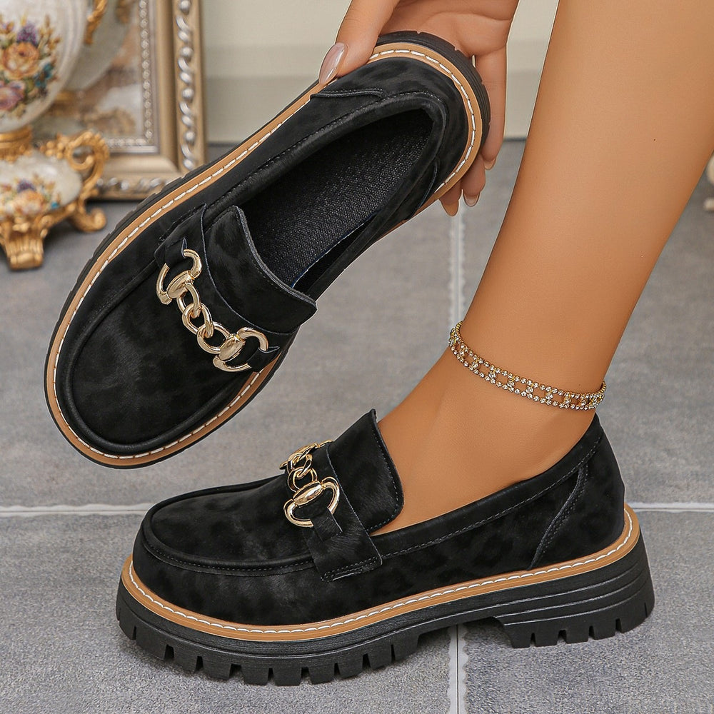 Wholesale women's plus size leopard print loafers: new  spring/autumn retro metal buckle chunky sole
