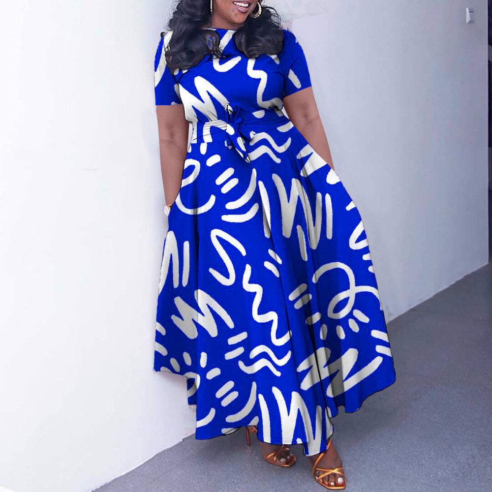 Q125 summer new fashion cross-border  elegant women's tie-up printed plus size european and american style dress