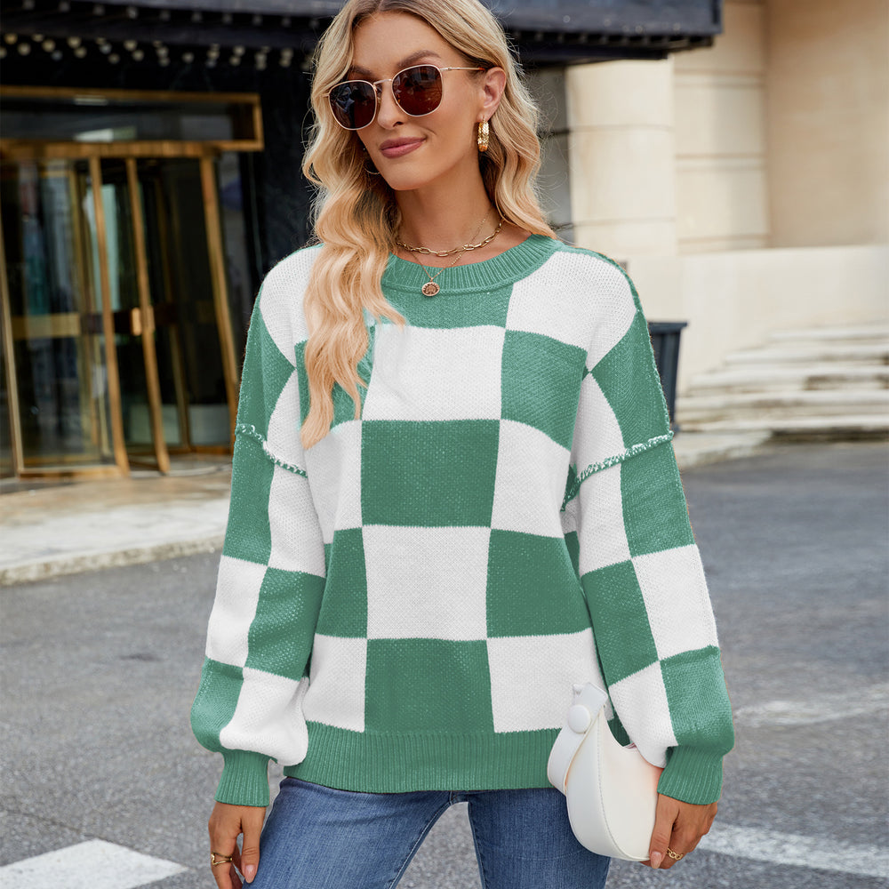 European and american cross-border autumn new arrivals:  pullover crew neck long sleeve top, loose fit casual plaid color block sweater for women
