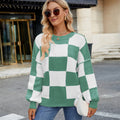 European and american cross-border autumn new arrivals:  pullover crew neck long sleeve top, loose fit casual plaid color block sweater for women