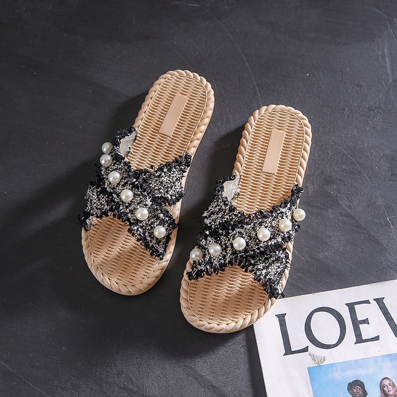 Xiaoxiangfeng slippers for women outwearsummerbest sellingfashion pearl flats one-piece slippers for outdoor beach non-slip sandals