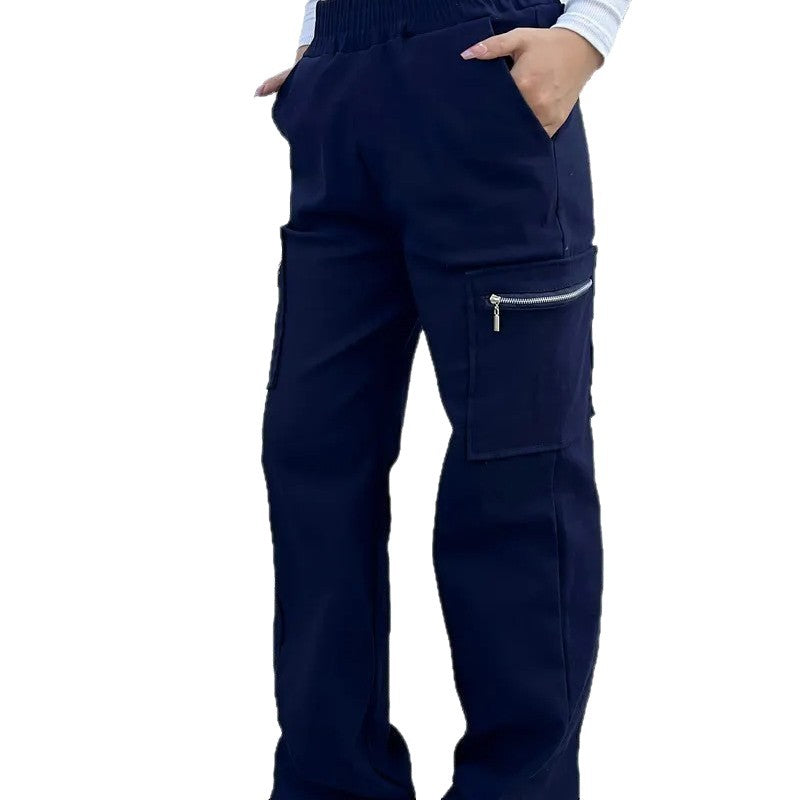 Ready-to-ship  spring/summer new arrival: trendy high-waisted cargo pants with zipper pockets, street style straight-leg casual trousers