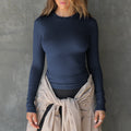 Fashion2025new arrivaly2k clothes threaded round neck long sleeves t-shirt women's bottomoutwear silm right shoulder hot girltops