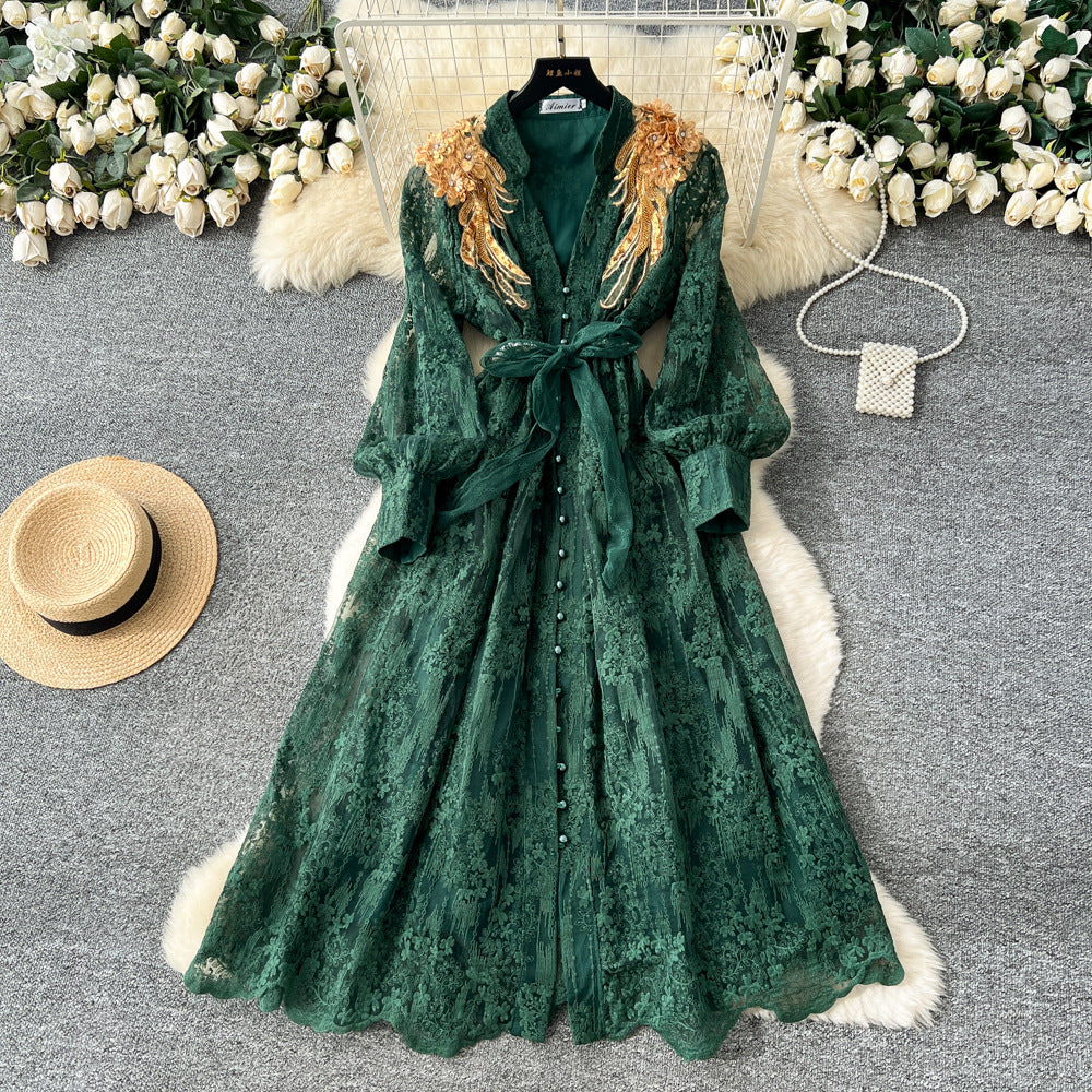 Elegant and sophisticated embroidered beaded sequin floral v-neck lantern sleeve single-breasted waist-cinching slimming embroidered dress for women