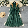 Elegant and sophisticated embroidered beaded sequin floral v-neck lantern sleeve single-breasted waist-cinching slimming embroidered dress for women