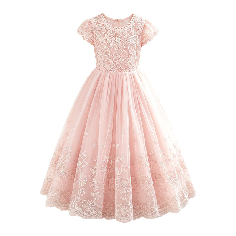 Amazon kids lace patchwork dress flower girl wedding dress short sleeve girls princess dress cross-border ready stock wholesale