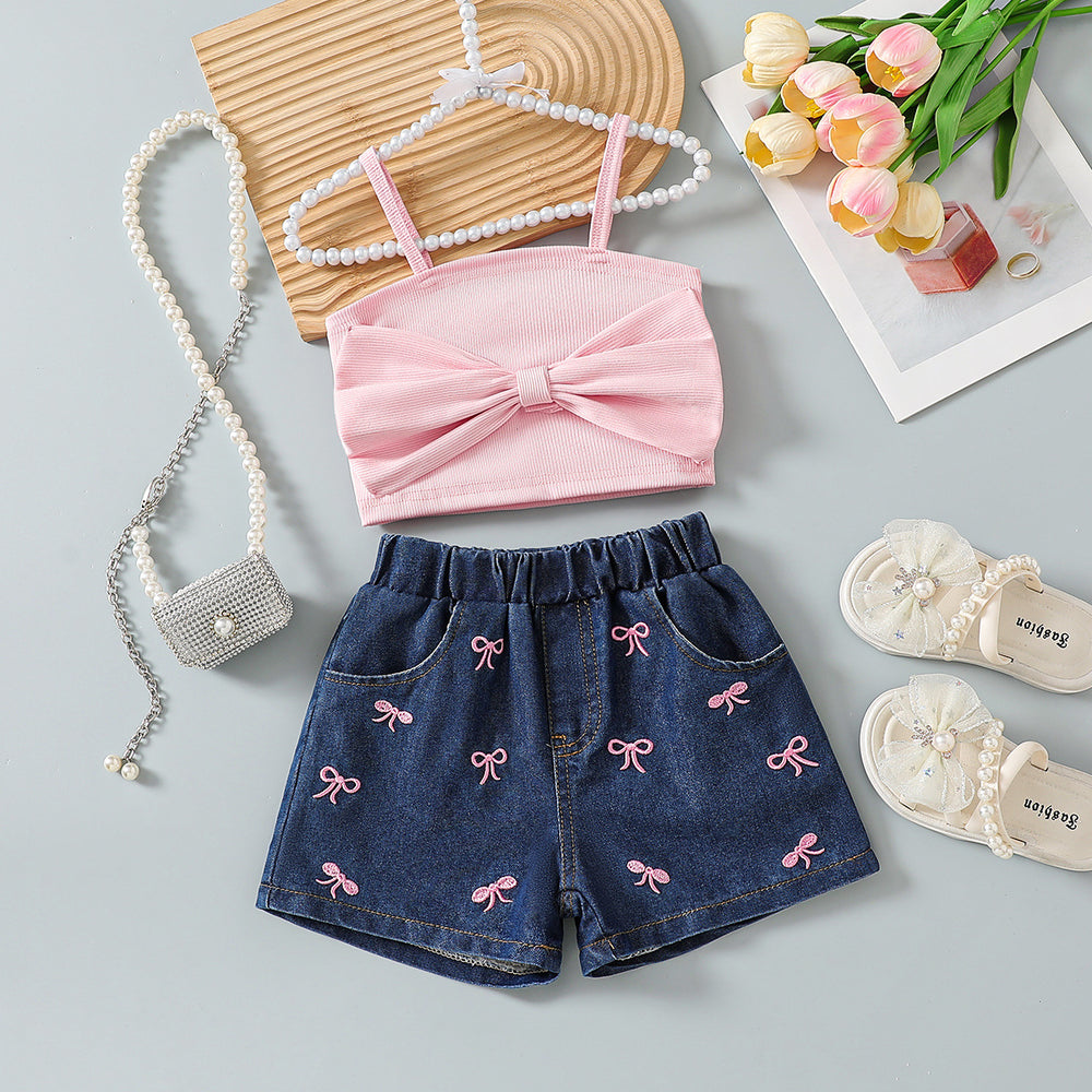 cross-border girls' playful & cute cami top + embroidered denim shorts set with bow detail
