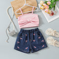 cross-border girls' playful & cute cami top + embroidered denim shorts set with bow detail