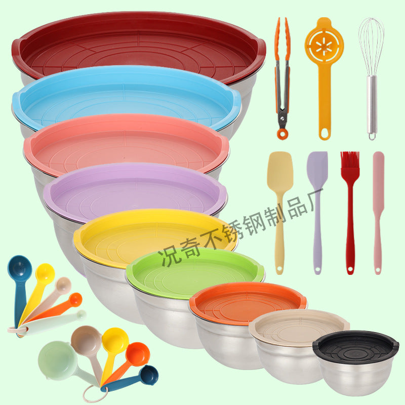 Stainless steel deep salad bowl with color-sprayed lid, round mixing bowl with non-slip silicone base for kitchen use