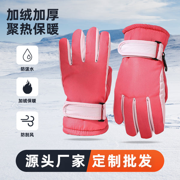 Factory customized outdoor ski gloves for children aged 3-9  velvet windproof and warm cycling sports gloves