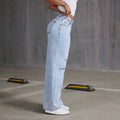 export hot-selling distressed jeans for women, light blue streetwear-style high-waisted washed denim pants