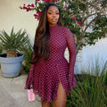 European and american cross-border women's fashion:  summer new collection - sweet polka dot round neck slim-fit slit irregular mini dress