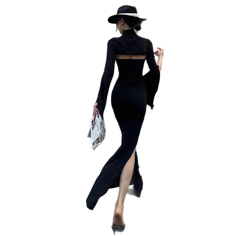 European and american niche design high-end black slim-fit mermaid dress with high neck, cutouts, slit, and slimming long dress