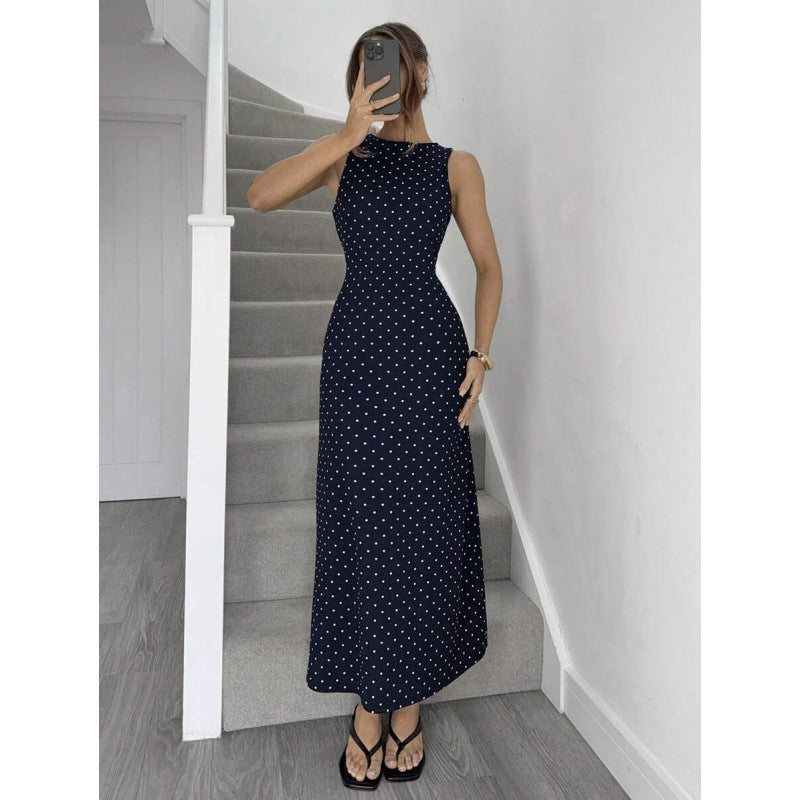 Amazon fashion summer new arrivalretro polka dot printing tie back backless casual vacation style dress for women