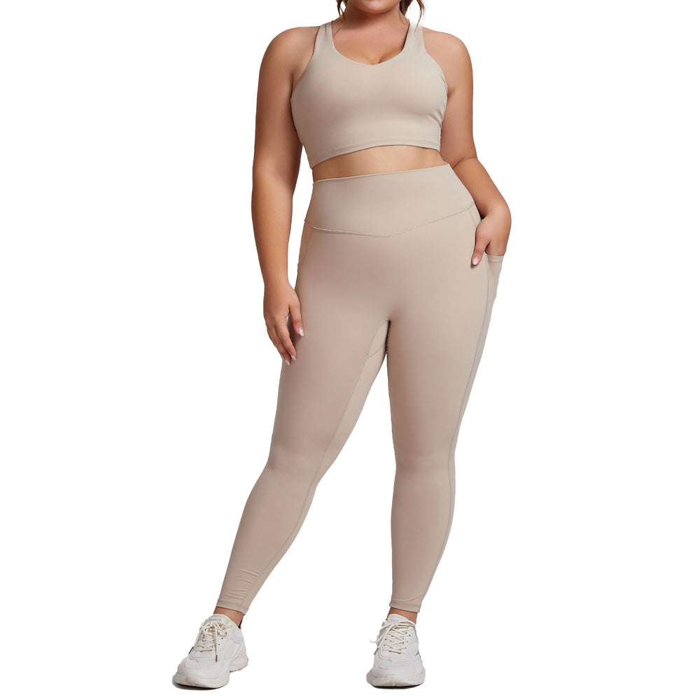 European and american nude feel plus size yoga outfit set - women's premium tight-fitting activewear two-piece set with pockets for fitness