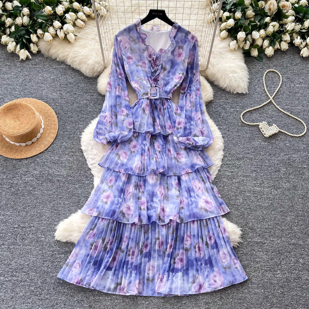 French romantic style printed long sleeve dress - women's spring slimming ruffle pleated tiered cake dress - elegant