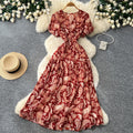 French retro v-neck short sleeve printed dress - women's summer european & american style korean slimming a-line maxi dress
