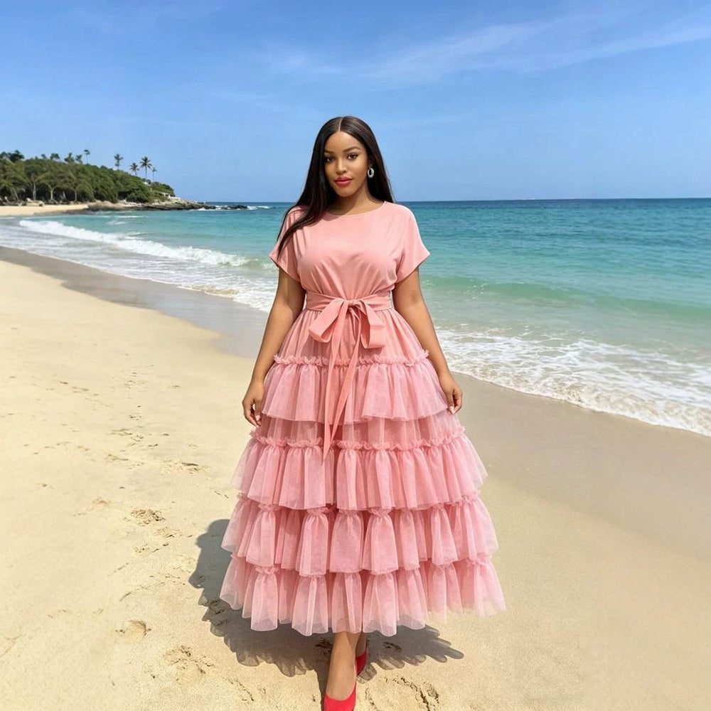 supply cotton feel round neck sleeveless double layer looseplaid cake tutu skirt dress african long skirt women's clothing