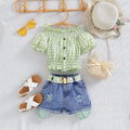 hot selling girl's one-piece collar plaid high elastic cuff washed hole denim shortgirlsuit