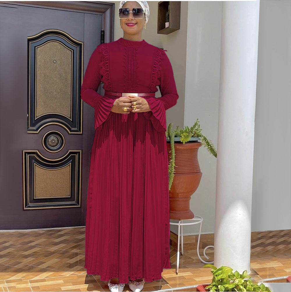 African women's fashion: elegant commute-ready long sleeve chiffon pleated midi dress with belt