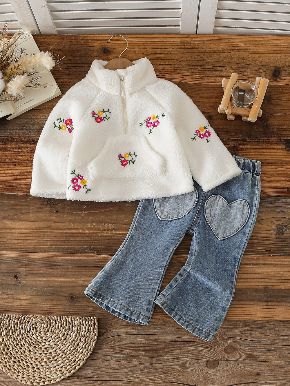 new autumn cross-border baby & toddler fleece-lined embroidered jacket & heavy-duty washed denim jeans two-piece set