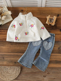 new autumn cross-border baby & toddler fleece-lined embroidered jacket & heavy-duty washed denim jeans two-piece set