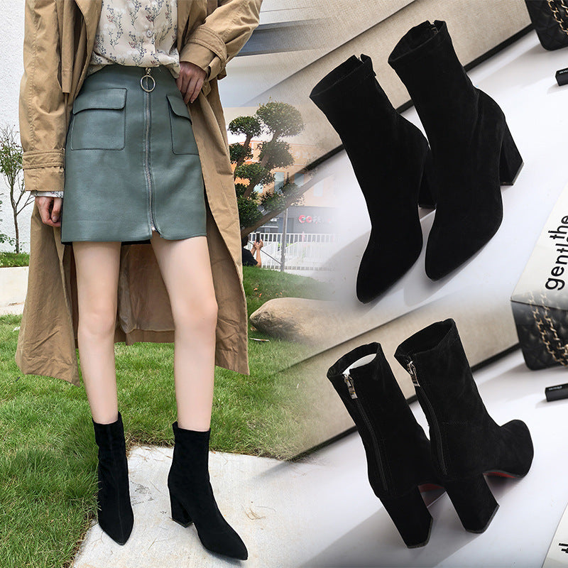 Women's boots: new korean style 2025 autumn/winter mid-calf pointed-toe chunky heel ankle boots, women's high heel elastic boots