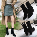Women's boots: new korean style 2025 autumn/winter mid-calf pointed-toe chunky heel ankle boots, women's high heel elastic boots