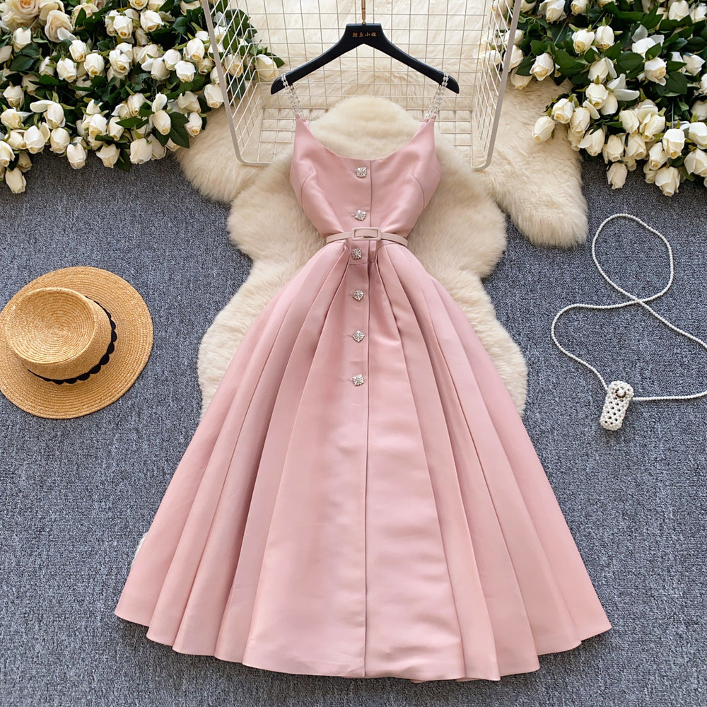 Accessible luxury qianjin style classy suspender dress women's summer pleated waist slimming look design celebrity elegant long skirt