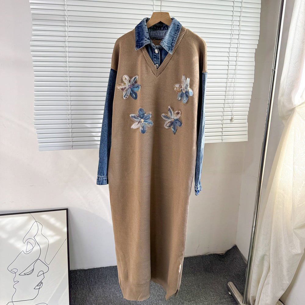 2025 fall/winter new arrival: denim patchwork knit faux two-piece collared dress with floral beaded embellishments - women's maxi dress