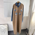 2025 fall/winter new arrival: denim patchwork knit faux two-piece collared dress with floral beaded embellishments - women's maxi dress