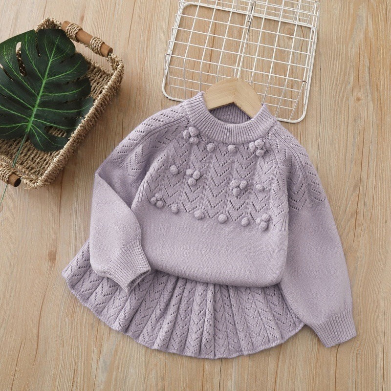 Kids' knit sweater dress set -  autumn new collection - handmade floral knit two-piece set - sweet girl's sweater outfit