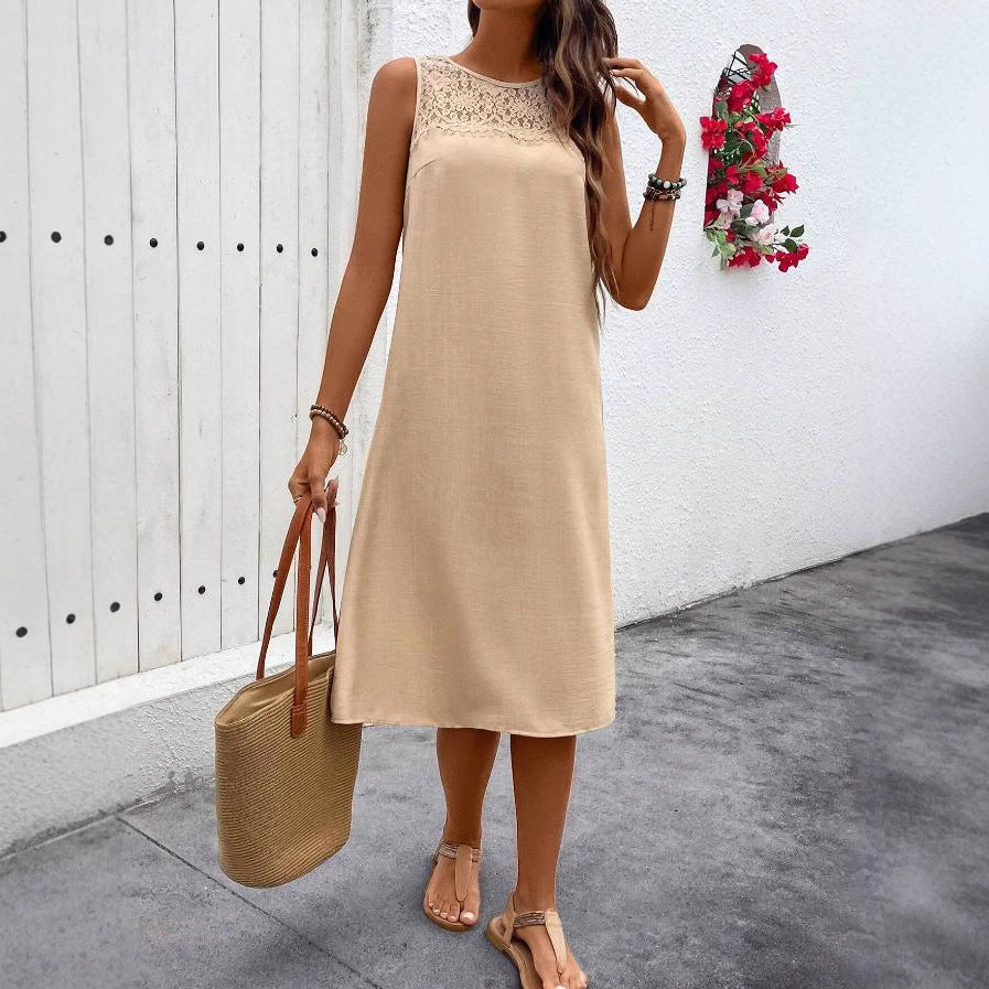 european and american cross-border  spring/summer new casual lace patchwork round neck solid color sleeveless women's dress
