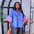 European and american cross-border women's clothing:  summer new arrivals - fashionable, designer, unique, turn-down collar, loose fit, plus size striped shirt