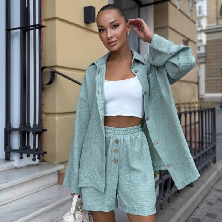Cross-border European and American solid color large size casual cardigan shirt set women's  fashion design shorts two-piece set tide