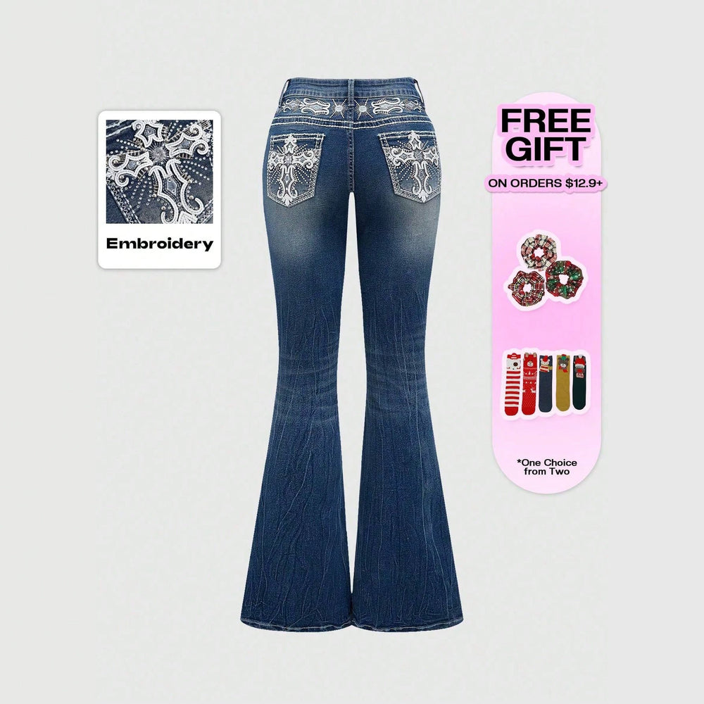 European and american western style heavy embroidery rhinestone flare jeans - women's high waist vintage washed slim fit bootcut