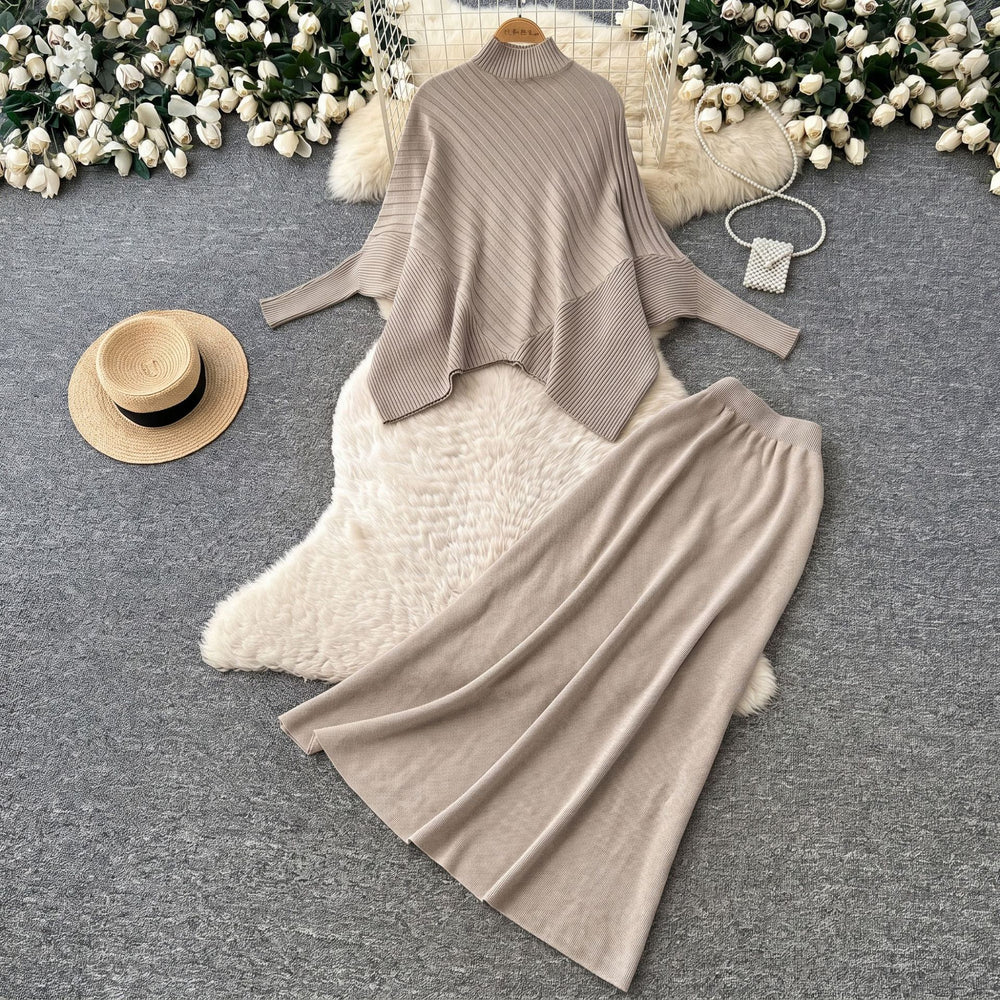 Lazy style red turtleneck knitting shirt skirt suit women's autumlong sleevesslimming looktwo-piece set atmosphere outfit