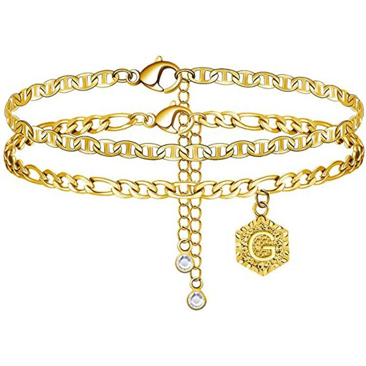 European and american style double-layer anklet, 14k gold plated letter anklet for women, cute summer anklet, gold fashion anklet wholesale