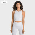 High-stretch yoga tank top for women, featuring built-in bra pads, anti-slip design, shockproof sports bra, high neckline, and side support to minimize underarm bulge. model et001
