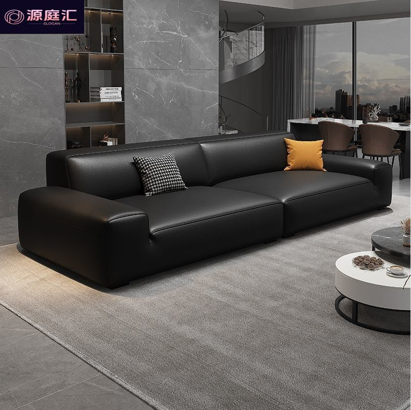 Italian accessible luxury big black cow sofa living room luxury genuine leather sofa tofu block straight cat claw belt spring sofa
