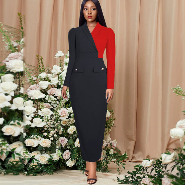 Lapel long sleeve splicing contrasting buttons decoration high waist performance clothing, women's dress party dress